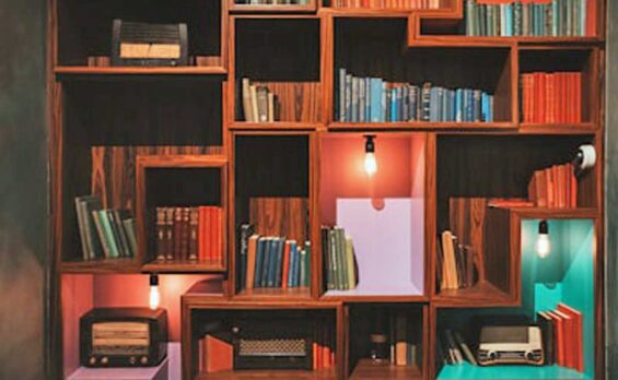 Blog Customized geometric bookshelf with books and vintage decor